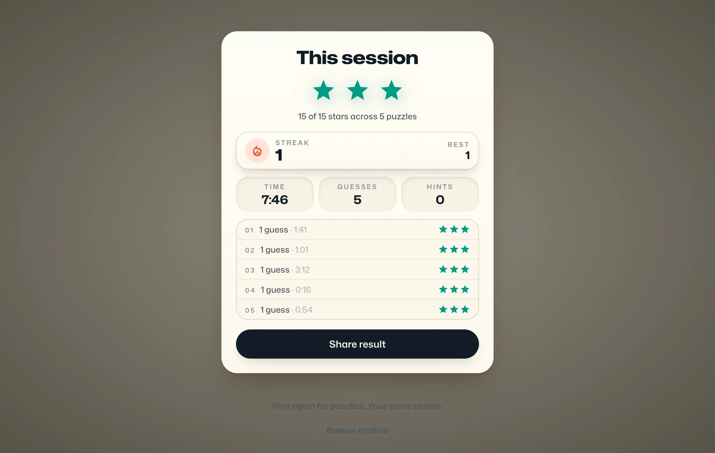 FlipWords session results on desktop